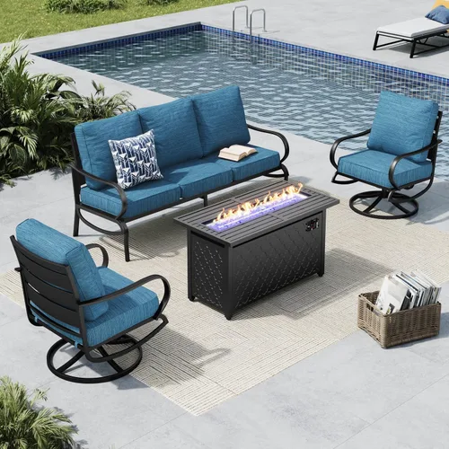 Vista 23 de MFSTUDIO Juego de 4 piezas de conversación para patio, marco de metal para todo tipo de clima, muebles de exterior con 1 mesa rectangular de propano