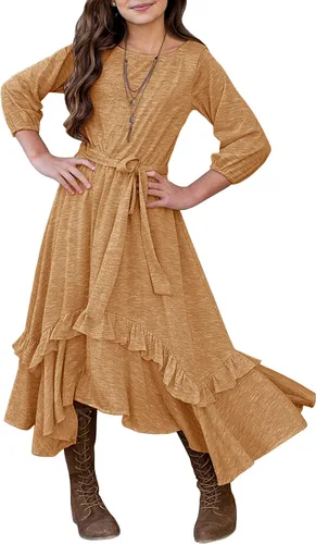 Vista 26 de MITILLY Vestido largo maxi suelto liso de manga 3/4 casual con bolsillos y volantes estilo swing con cinturón para niñas 01 Azul oscuro fultter