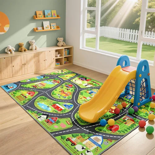Vista 22 de Alfombras de juego de autos para niños, 36 x 60 pulgadas, tapete de juego de mapa de ruta urbano para jugar con autos, camiones, tapete de juego