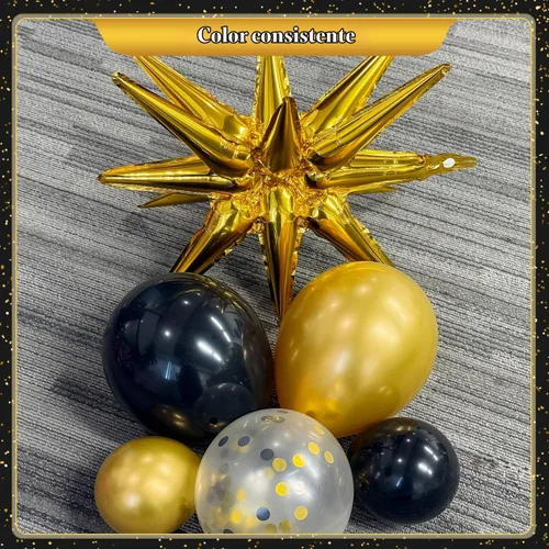Vista 6 de Kit de Arco de Guirnalda de Globos Negros y Dorados, 140 Piezas de Globos de Confeti Negros y Dorados con Estrellas para Cumpleaños, Graduación, Año