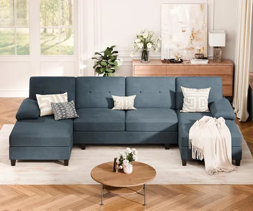 Vista 3 de Vongrasig Camillas seccionales para sala de estar, sofá en forma de U con diván, sofá modular grande de 4 asientos moderno para sala de estar, Gris