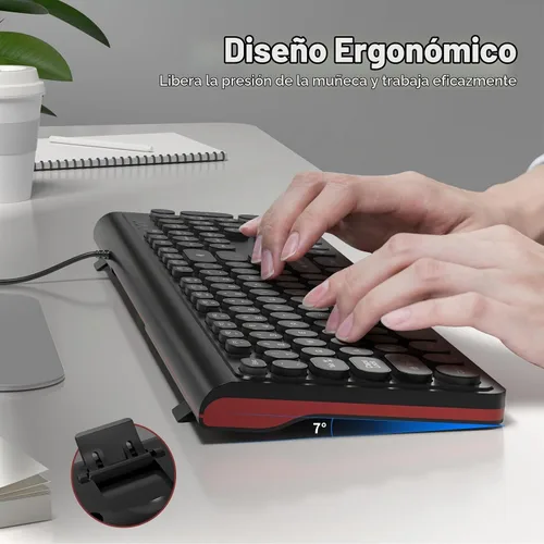 Vista 4 de Atelus Teclado USB con cable con retroiluminación de 7 colores, teclado de tamaño completo con teclas retro, teclado numérico y tecla de acceso