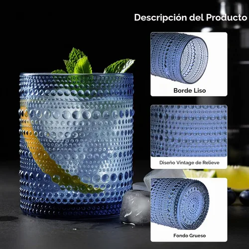 Vista 5 de Moretoes - Juego de 6 vasos de cristal vintage con forma de hobuña, color azul
