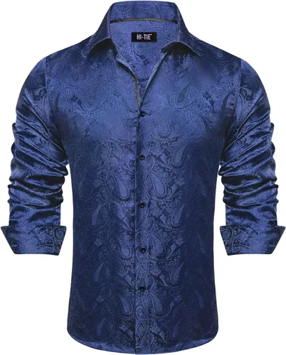 Vista 18 de Hi-Tie Camisa de manga larga jacquard con contraste interior sin arrugas para hombre