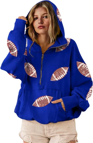 Vista 26 de SeekMe Sudaderas con capucha de lentejuelas para mujer, para el día del partido, suéteres de manga larga con cremallera y bolsillo