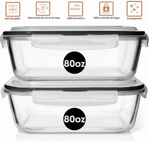 Vista 8 de Razab Juego de 2 recipientes de vidrio para almacenamiento de alimentos de 80 onzas, con tapas herméticas de bloqueo para almacenar y servir Negro