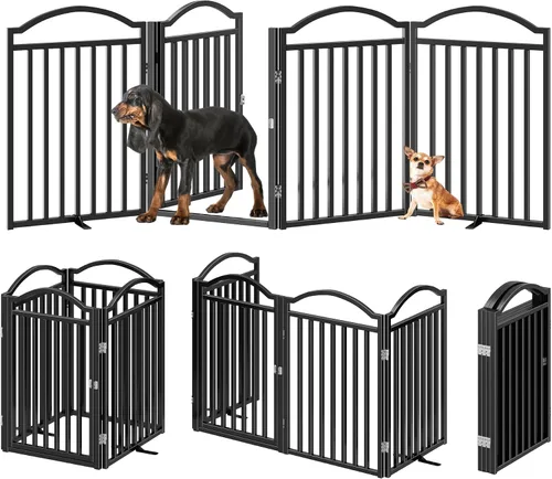 Vista 2 de BHG Puerta independiente de metal para perros sin ensamblaje con puerta a través, extra ancha de 80 pulgadas, puerta extra alta para mascotas de 30