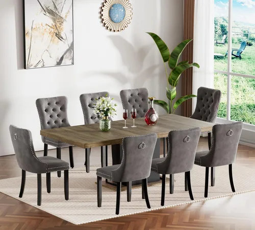 Vista 37 de Henf Juego de mesa de comedor extensible de 78 pulgadas para 6 mesas rectangulares de madera de 7 piezas con 6 sillas tapizadas de terciopelo, mesa