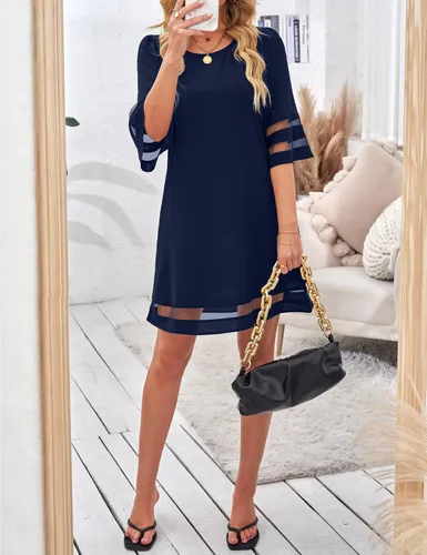 Vista 3 de LookbookStore - Vestido estilo túnica holgado con mangas 34 acampanadas con panel de malla, cuello redondo, para mujer