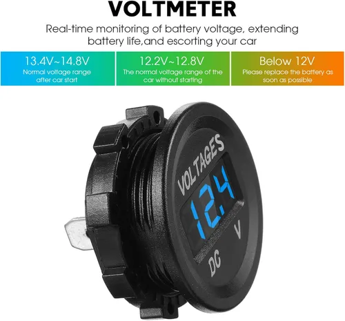 Vista 5 de BBTO 2 Piezas DC 12V Medidor de Voltaje para Auto con Pantalla LED, Voltímetro Digital Impermeable, Panel Redondo Compatible con Vehículo