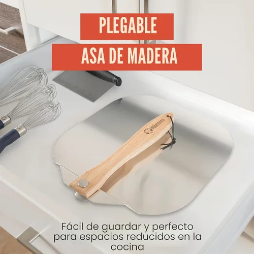 Vista 4 de Pomodoro pala para pizza de aluminio con asa de madera plegable para guardar fácilmente, de 12" x 14", para cocinar pan y pizzas en el hogar