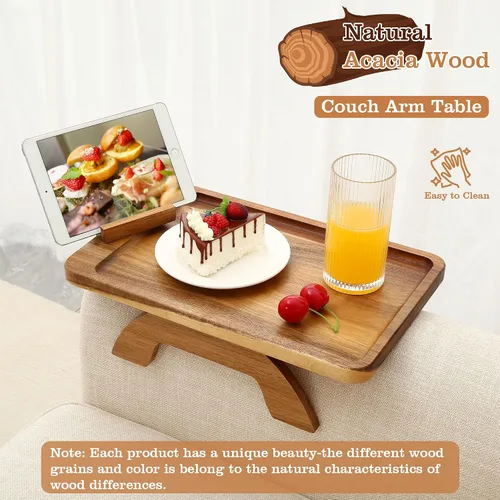 Vista 2 de Mesa de madera de acacia con reposabrazos, mesa de sofá para sala de estar, bandeja para reposabrazos de sofá con soporte giratorio para teléfono