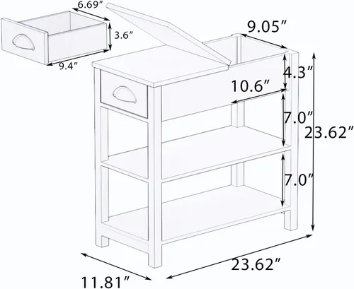 Vista 3 de RASOO Mesa auxiliar para sala de estar, mesa auxiliar estrecha con cajón y estantes de 3 niveles, mesita de noche delgada para espacio pequeño