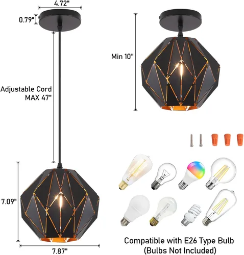 Vista 7 de Lámpara colgante industrial vintage lámpara colgante retro casa de campo lámpara colgante de techo negro metal creativo geométrico diamante sombra