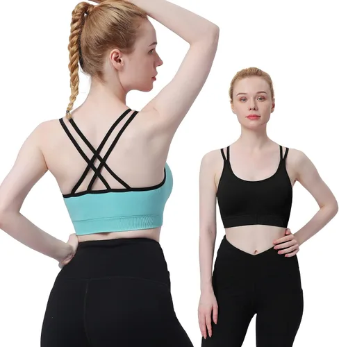 Vista 2 de WOYYHO Brasier deportivo de espalda cruzada para mujer, brasier de yoga con tirantes, brasier de entrenamiento de soporte medio para gimnasio
