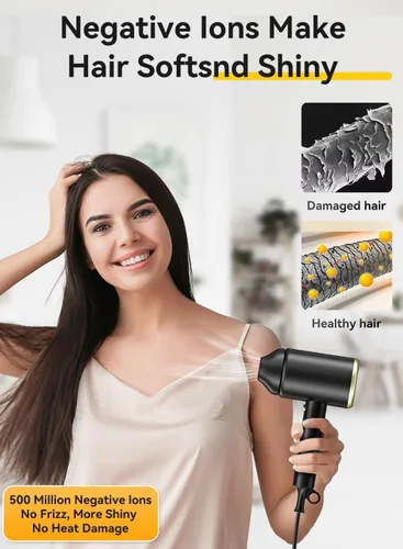 Vista 4 de Secador de pelo, secador iónico de 150000 rpm, secado rápido, bajo ruido, plegable portátil con difusor y boquilla, mini compacto para mujeres