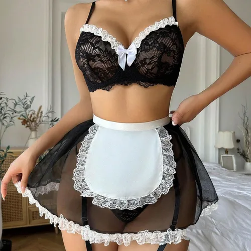 Vista 5 de Lencería sexy para mujer, juego de rol, traje de sirvienta, vestido de lencería de encaje, delantal de peluche Lolita, conjunto de traje de cosplay