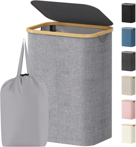 Vista 19 de Lifewit Cesta de lavandería de 80 litros con tapa, cestas de ropa para lavandería con asas de bambú y una bolsa de lavandería extraíble, cesta