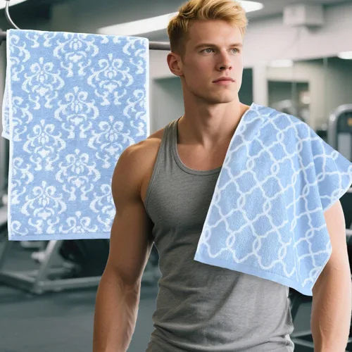 Vista 9 de Juego de 2 toallas deportivas de algodón para gimnasio, 12 x 45 pulgadas, absorbentes, transpirables, de 430 GSM, suaves, toalla deportiva para Azul