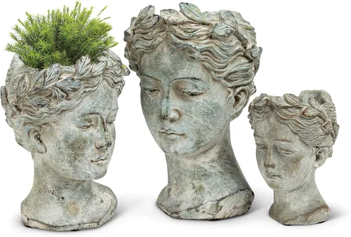 Vista 4 de Colección Abbott - Maceta de cabeza de diosa - Maceta de cemento extra pequeña para interior y exterior - Estatua de cabeza de mujer griega para Gris