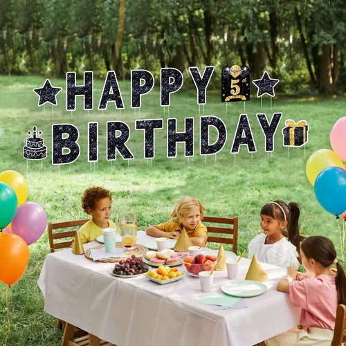 Vista 7 de Letrero de feliz cumpleaños con estacas, 18 piezas de letrero negro de feliz cumpleaños con luz LED de 49.2 pies, letrero grande personalizado