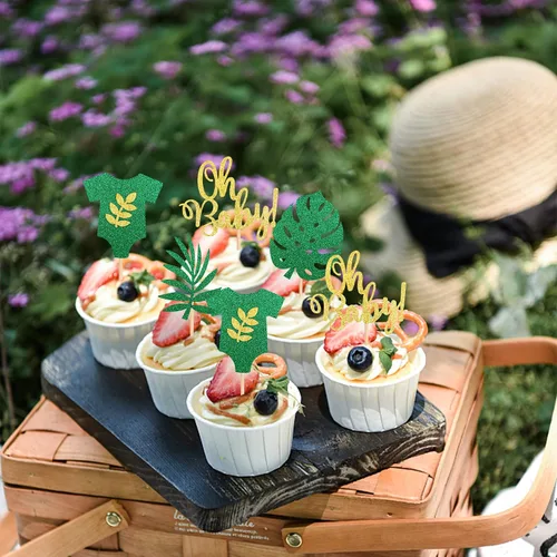 Vista 4 de Paquete de 24 adornos para cupcakes Oh Baby – Paleta de hojas de palmera, safari en la selva, Luau, revelación de género, baby shower, niños, fiesta