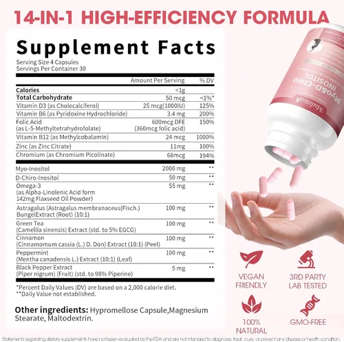 Vista 2 de Mulittea Suplemento de Myo-Inositol y D-Chiro para Mujeres - Inositol Liposomal 14-en-1 con Ácido Fólico, Omega-3 y Multivitaminas para Equilibrio