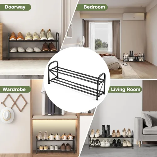 Vista 7 de Zapatero de 2 niveles para armario, zapatero expandible de 16 a 33 pulgadas, ajustable para entrada, armario, puerta, metal resistente, color negro
