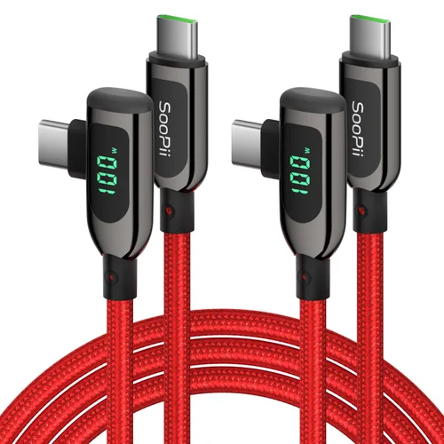 Vista 14 de SOOPII 100W Cable USB C a USB C de Ángulo Recto, Cable de Aleación de Zinc de 1 Pie de Tipo-C Trenzado de Nylon con Pantalla LED para iPad