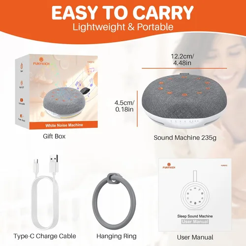Vista 6 de FUNYKICH Máquina de sonido de ruido blanco, máquina de sonido portátil para dormir con 40 sonidos relajantes, indicador de batería, temporizador