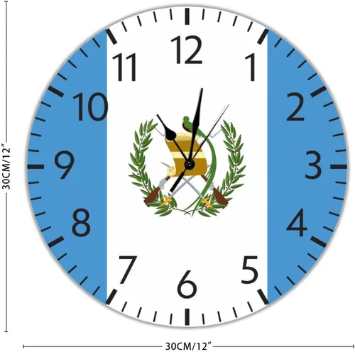 Vista 2 de Reloj de pared de madera con bandera de Guatemala, con banderas nacionales, funciona con pilas, sin tictac, 12 pulgadas, reloj de pared rústico