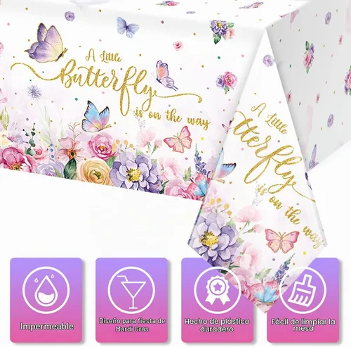 Vista 3 de FunnyPars Paquete de 3 manteles de mariposa para baby shower, decoración de baby shower, mantel rectangular desechable de plástico con temática