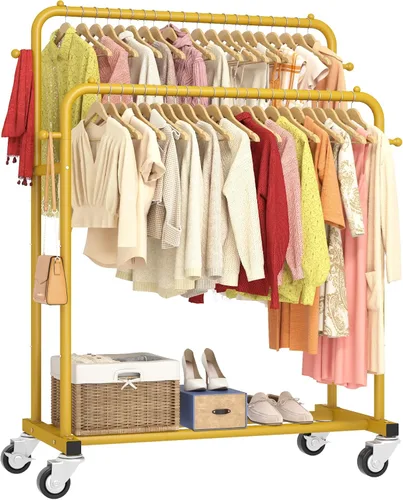 Vista 12 de Laiensia - Perchero de doble varilla con ruedas, estante para colgar ropa, 4 ganchos, estante multifuncional para dormitorio, color negro
