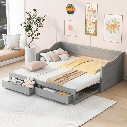 Vista 15 de JIVOIT Sofá cama extensible con cama nido y dos cajones de almacenamiento, marco de sofá cama de madera con soportes de listones de madera, diseño