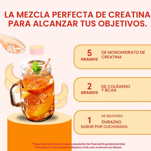 Vista 5 de Polvo de Monohidrato de Creatina Peach Perfect, Creatina para el Crecimiento de Glúteos para Mujeres con Colágeno, BCAAs, 5g de Creatina Vegana