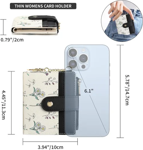 Vista 5 de GAEKEAO - Billetera pequeña para mujer con bloqueo RFID, delgada, de dos pliegues, de cuero floral, tarjetero con bolsillo con cremallera y ventana