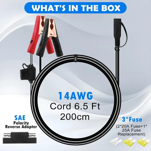 Vista 7 de Cable de extensión de cocodrilo de cocodrilo de batería de 6.5 pies 14 AWG a conector SAE, adaptador de liberación rápida SAE de 12 V a clips