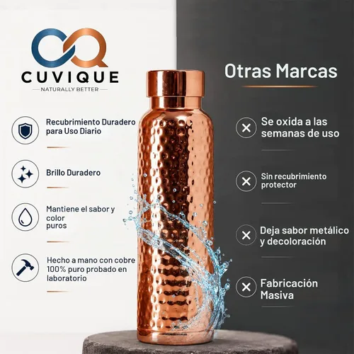 Vista 4 de Botella de agua de cobre 100% puro, 34 onzas (1 litro), botella de cobre martillado con tapa a prueba de fugas, botella de metal reutilizable