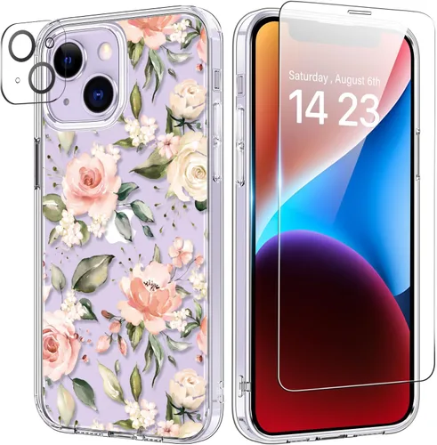 Vista 45 de bicol Funda para iPhone 14 Plus con Protector de Pantalla y Lente de Cámara - Diseños Florales de Moda para Mujeres y Niñas - Funda Transparente
