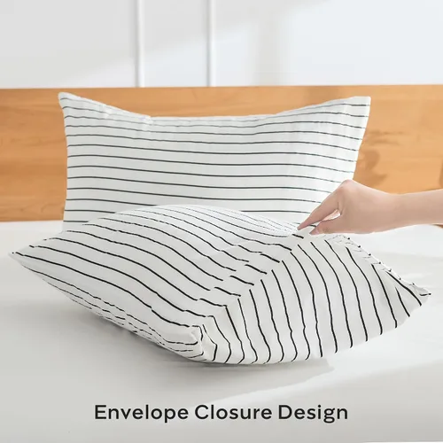 Vista 4 de JELLYMONI - Juego de 2 fundas de almohada de algodón natural 100 % a rayas, tamaño estándar, color blanco con finas rayas negras impresas