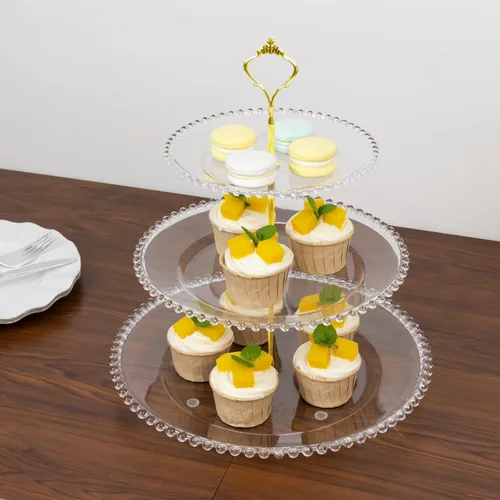 Vista 22 de Efavormart - Soporte de plástico transparente para cupcakes de 3 niveles con borde barroco dorado en relieve, soporte redondo de postres