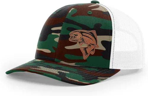 Vista 54 de Sombrero de pesca de salmón con parche de cuero grabado láser Richardson 112 Snapback Trucker Cap
