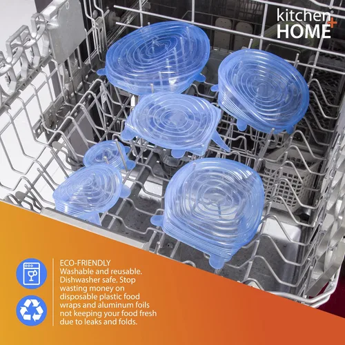 Vista 6 de Kitchen + Home - Juego de 10 tapas elásticas de silicona para guardar alimentos, sin BPA, aptas para lavavajillas, microondas, horno y congelador