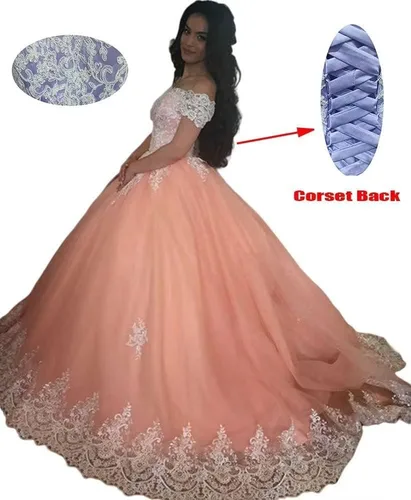 Vista 2 de XYAYE Vestidos de quinceañera con hombros descubiertos, vestidos de baile de tul hinchados con encaje de tren, vestido largo de graduación para mujer