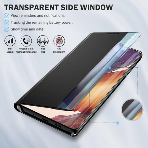 Vista 4 de Funda de cuero transparente para Samsung Galaxy Note 20 Ultra 5G para Samsung Note 20 Ultra, espejo delgado, PC duro, función atril de lujo, a Negro