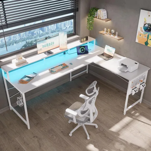 Vista 7 de Pamray Escritorio para juegos en forma de L de 64 pulgadas con tomas de corriente y luces LED, escritorio de esquina grande para computadora