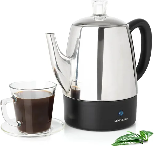 Vista 11 de Mixpresso - Cafetera eléctrica pequeña, acero inoxidable, 4 tazas Coffee percolator electric keep warm function, removable basket, classic