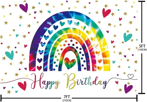 Vista 5 de AIBIIN Fondo de fiesta de cumpleaños de arcoíris bohemio de 7 x 5 pies para niña, feliz primer cumpleaños, fondo de fotografía, colorido amor