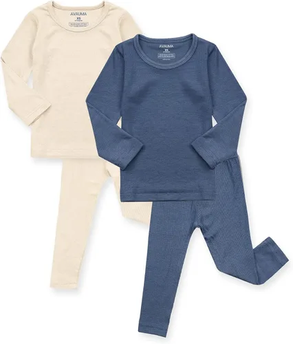 Vista 13 de AVAUMA Conjunto de pijama para bebés, niños y niñas, ajuste ceñido, con nervaduras, ropa de dormir para el estilo de vida diario Negro/Azul