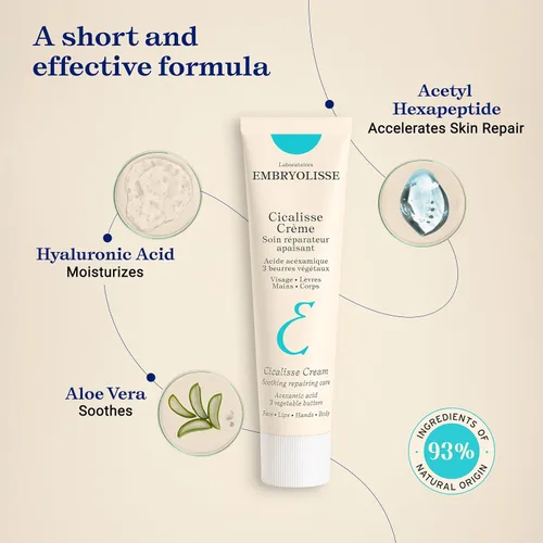 Vista 4 de Embryolisse Crema facial Cicalisse. Hidratante con ácido hialurónico que acelera el proceso de restauración de la piel, cuidado diario de la piel